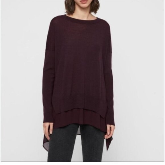 ALLSAINTS LIBBY PLUM 100% MERINO WOOL CONTRAST CHIFFON HEM SWEATER TOP - XS - Picture 1 of 11